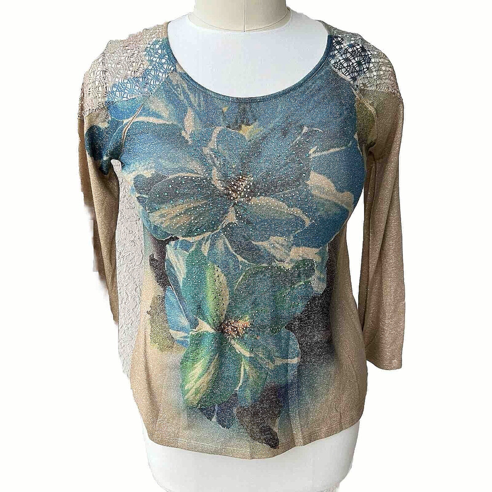 French Bazaar - Gold and Teal Metallic Floral Knit Top Size L